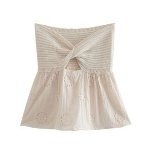 Cream Ribbed Tie Front Ruffled Blouse